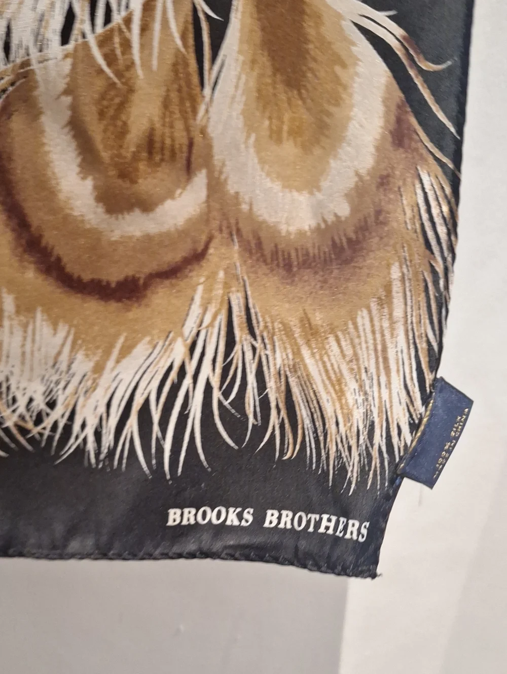 Brooks Brothers Peacock Feather Motif Silk Scarf in Black, Tan and Cream